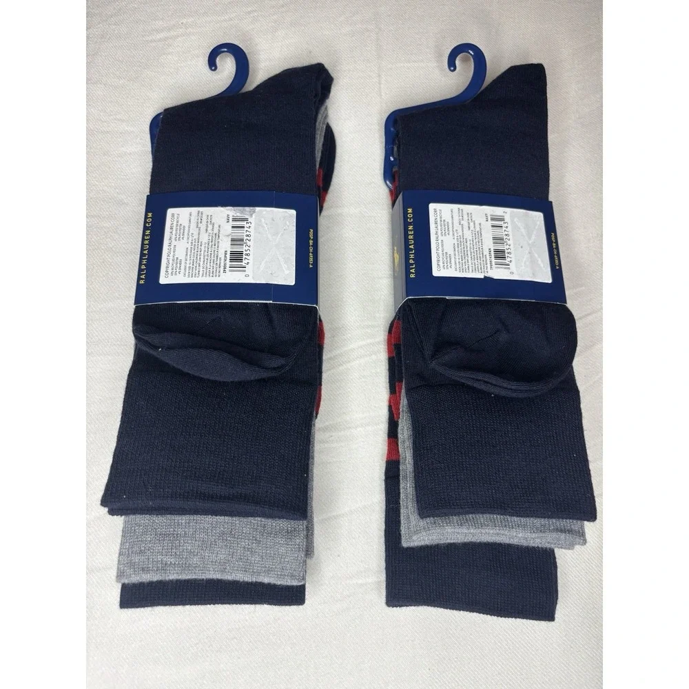 Polo Ralph Lauren Striped/Solid Socks (3 Pairs) Navy Multi Lot Of 2 NEW With Tag